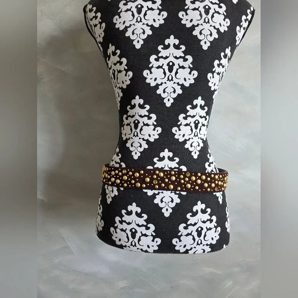Brown Suede Leather Gold Studded Belt McBling Y2K Boh0 Sz M 38.5L